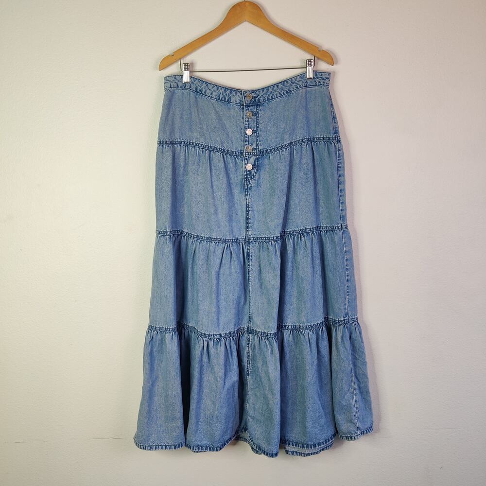 Maurices Button Fly Tiered Denim High Rise Western Prairie Midi Maxi Skirt 14 - Picture 2 of 11